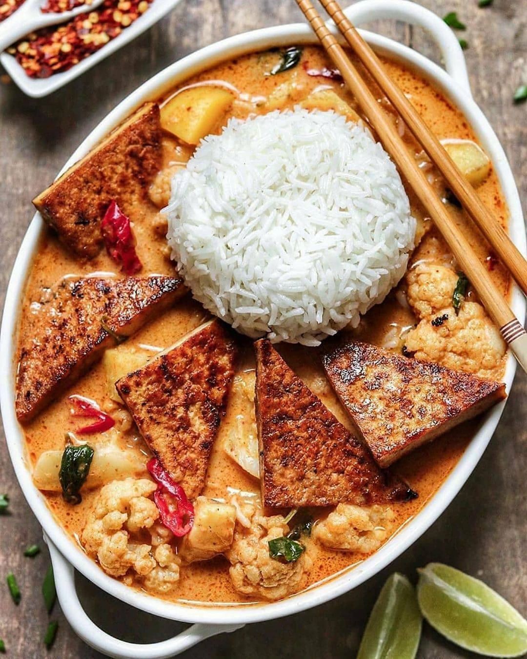Red Cauliflower and Potato Curry with Crispy Tofu