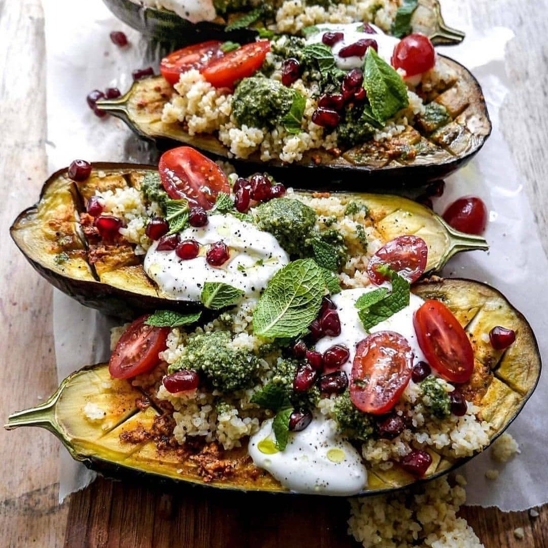 Baked Eggplants with Bulgur and Pesto