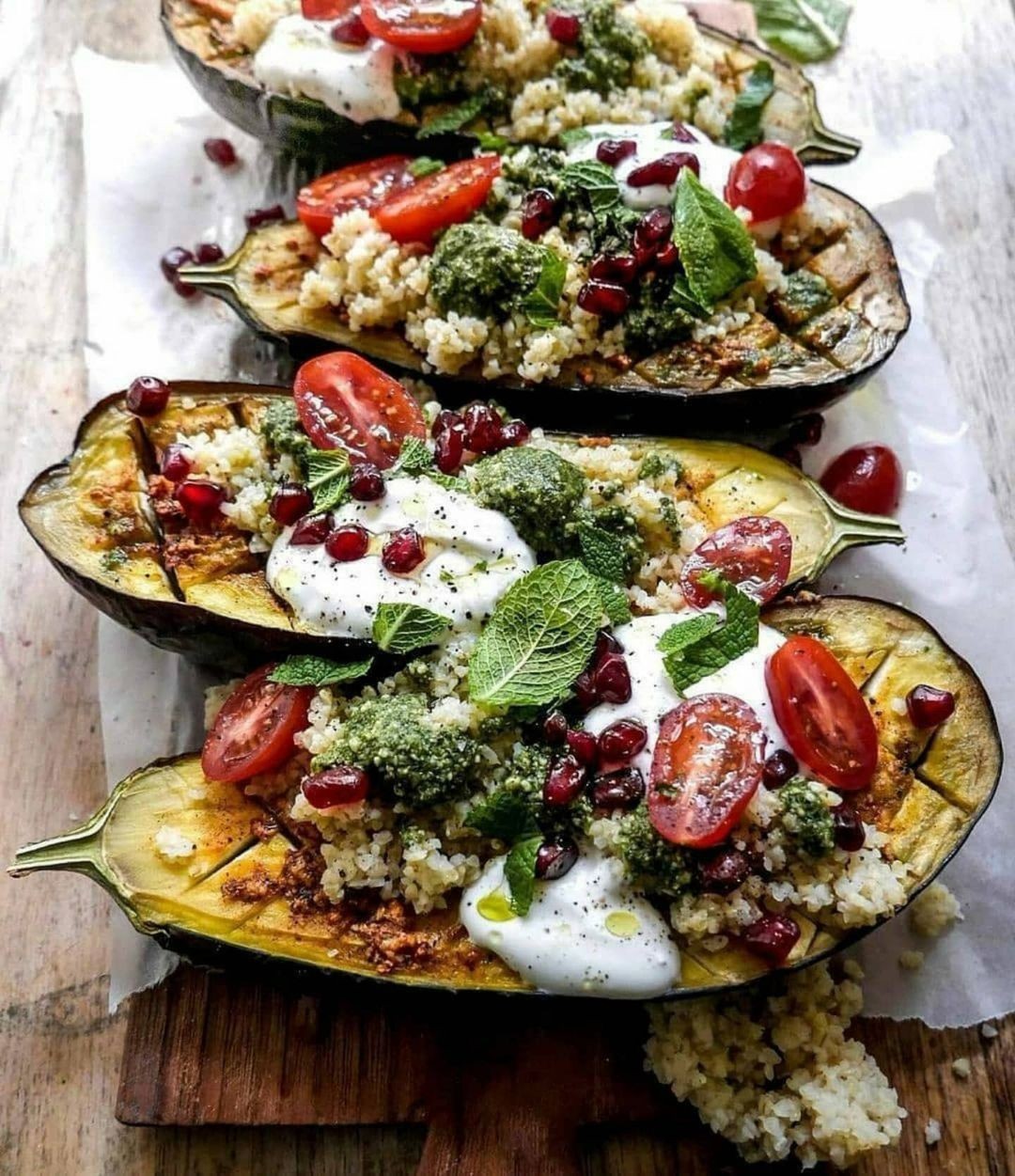 Baked Eggplants with Pesto and Toppings