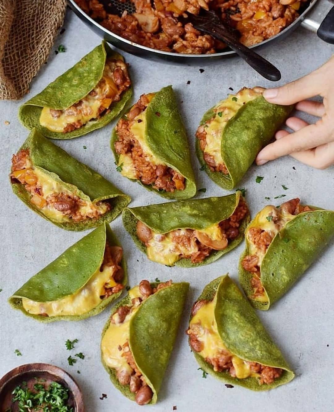 Oven-Baked Spinach Tacos with Rice and Beans