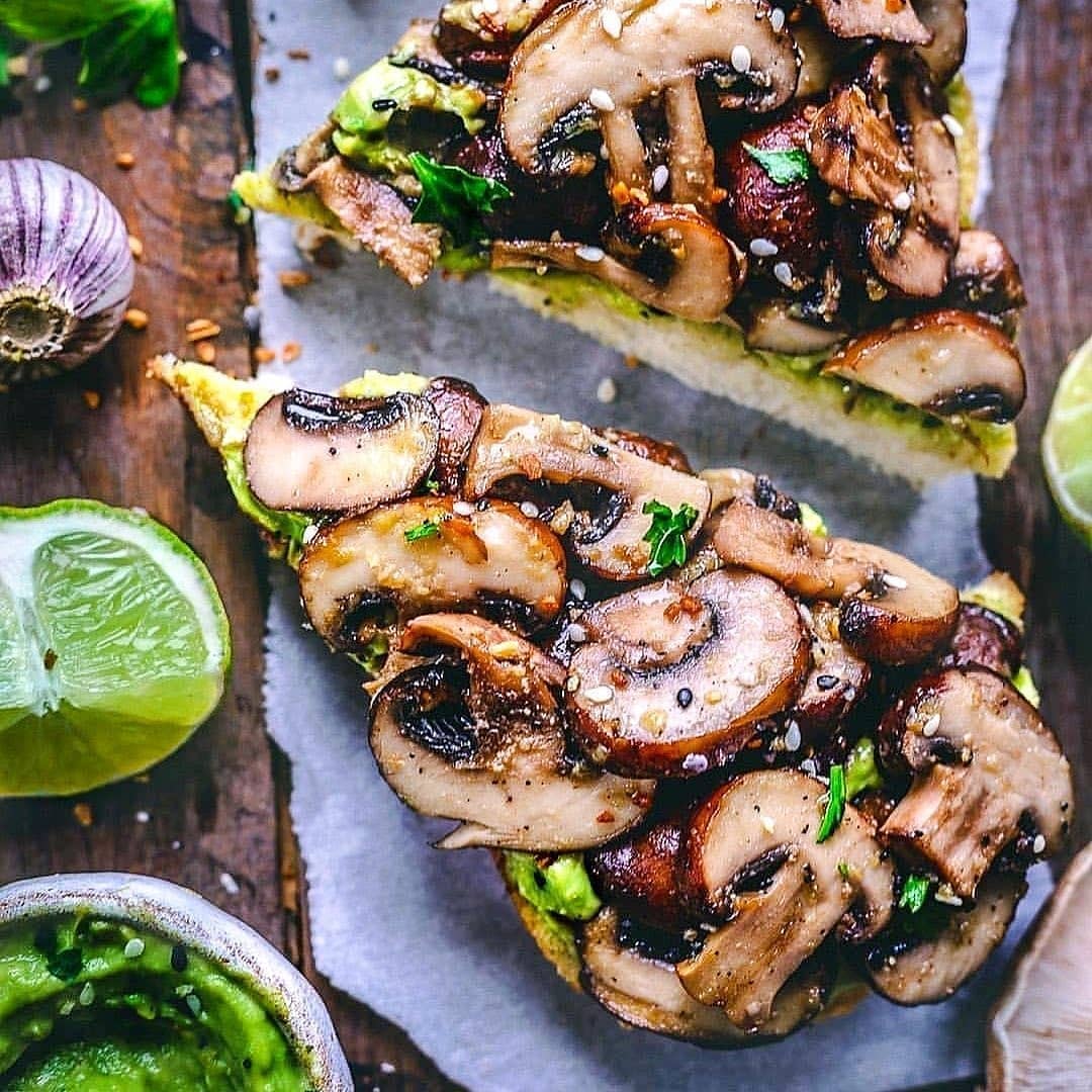 Mushroom Avocado Cilantro Pesto Toast