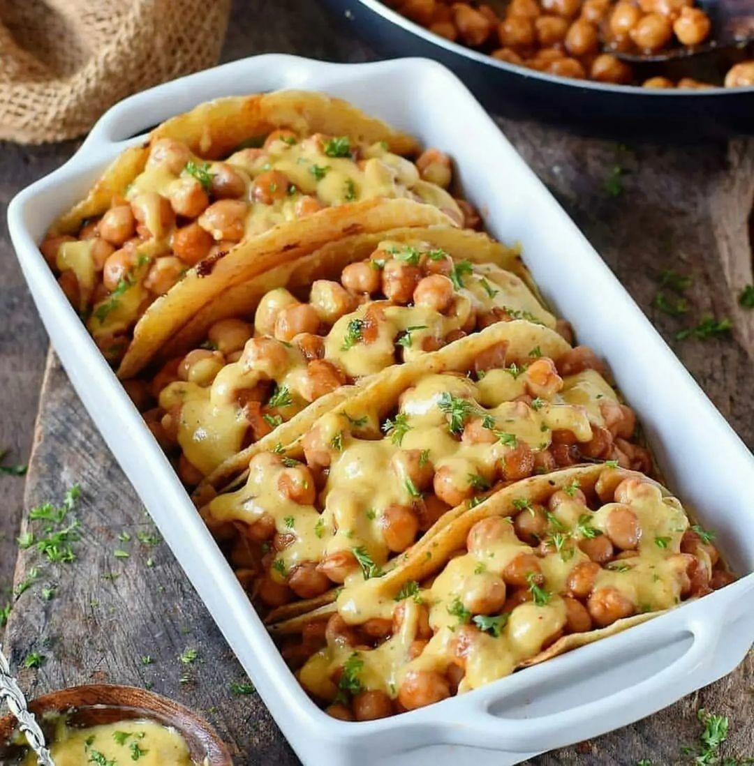Vegan Buffalo Chickpea Tacos with Cheese Sauce