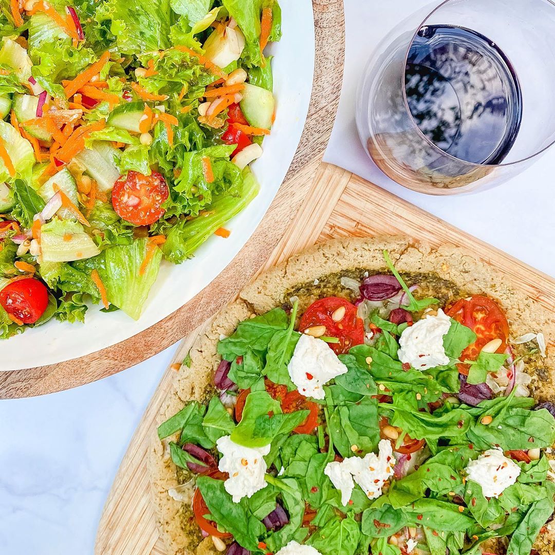 Gluten-Free Vegan Pesto Pizza with Salad
