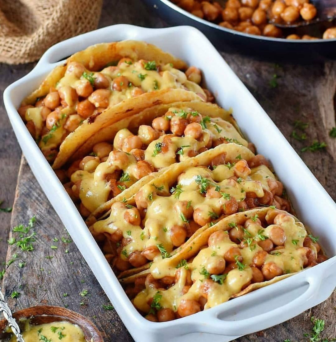 Vegan Buffalo Chickpea Tacos with Cheese Sauce