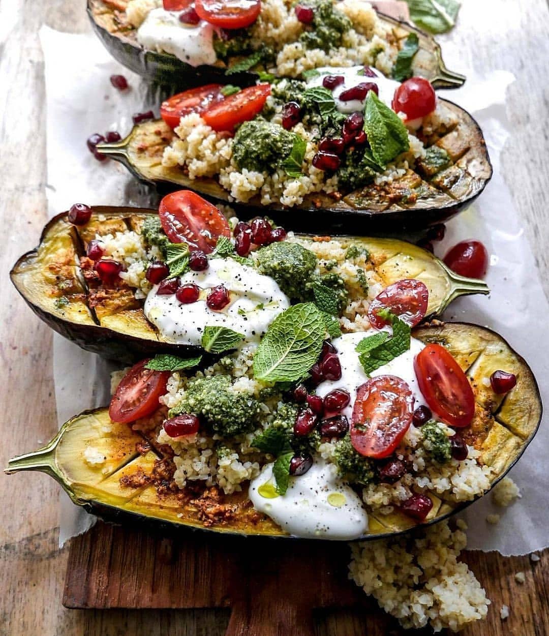 Vegan Baked Eggplants with Bulgur and Pesto