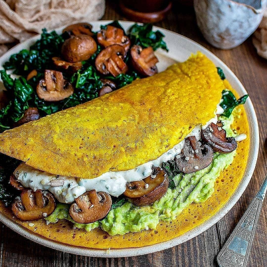 Tamari Mushrooms Vegan Omelette with Avocado Cashew Cheese