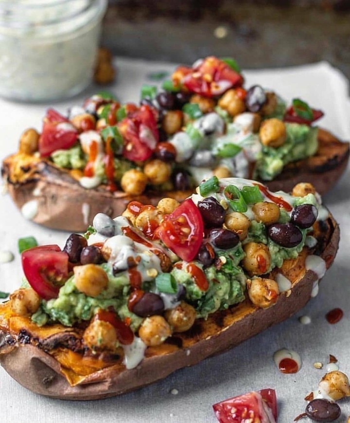 Baked Sweet Potatoes with Black Beans and Hummus