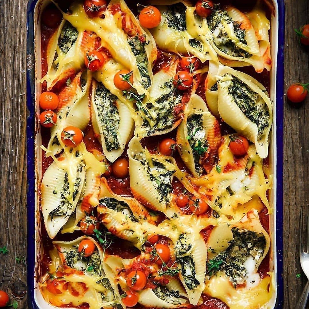 Vegan Spinach Feta Pasta Bake with Giant Shells