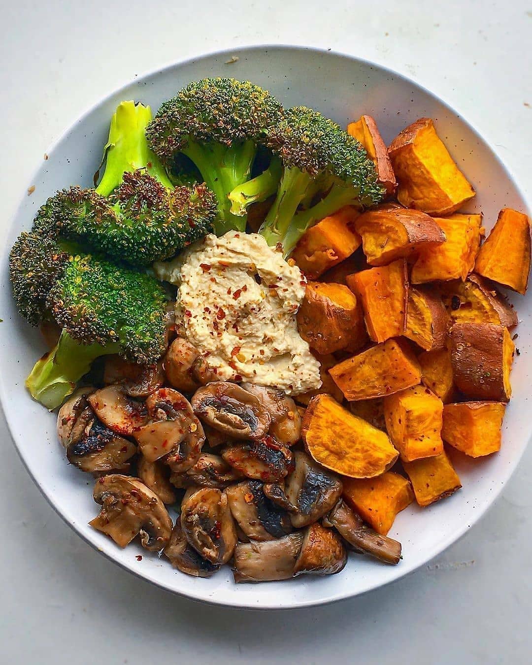 Roasted Sweet Potato Broccoli Bowl with Garlic Mushrooms