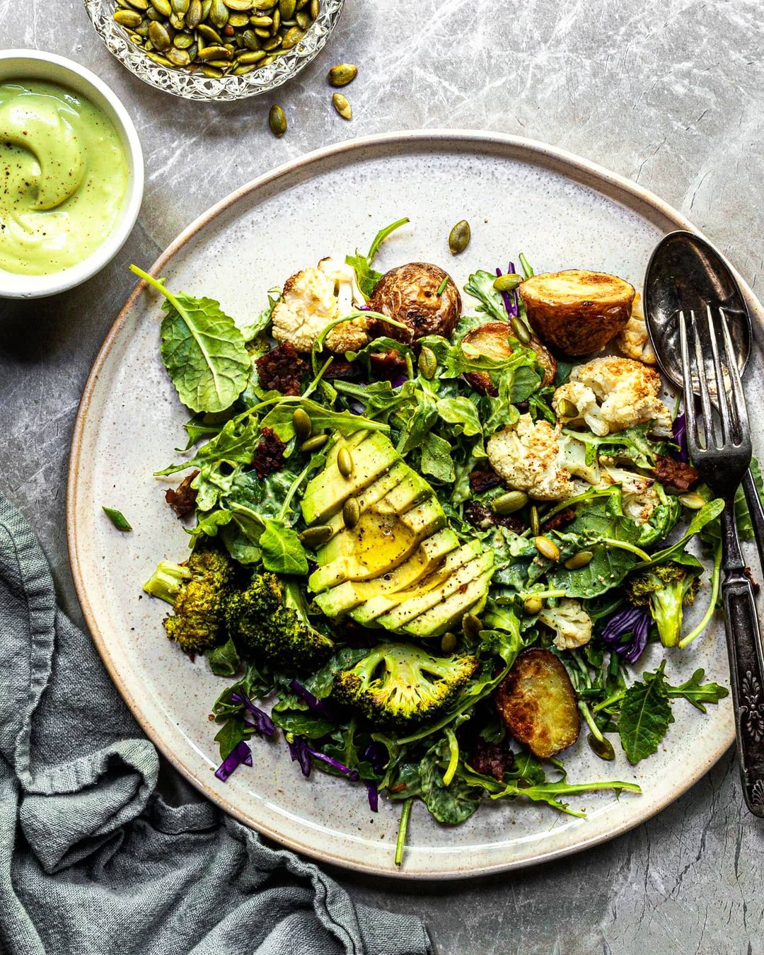 Roasted Vegetable Kale Salad with Avocado Dressing