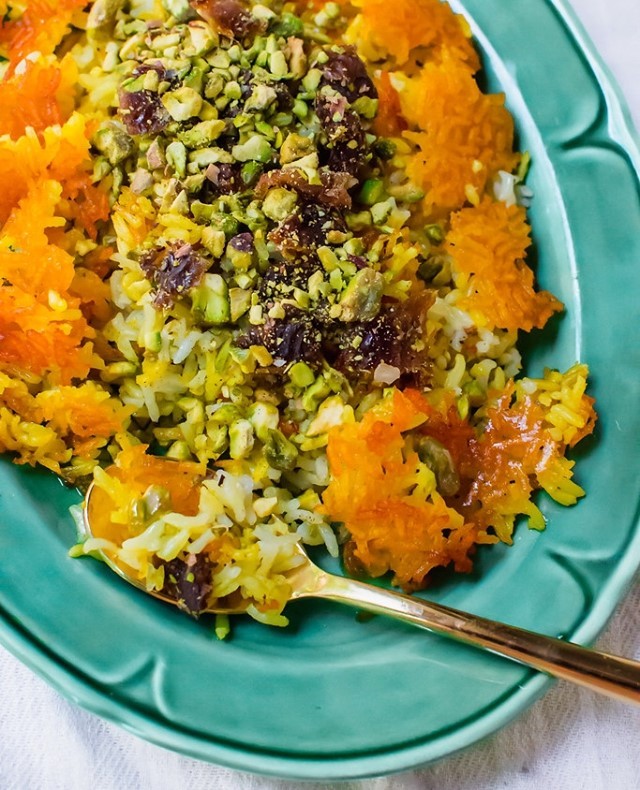 Persian Rice with Crispy Tahdig, Dates, and Pistachios