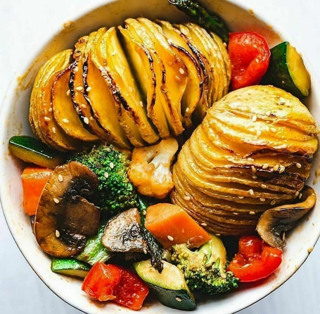 Miso Glazed Hasselback Potatoes and Roasted Veggies