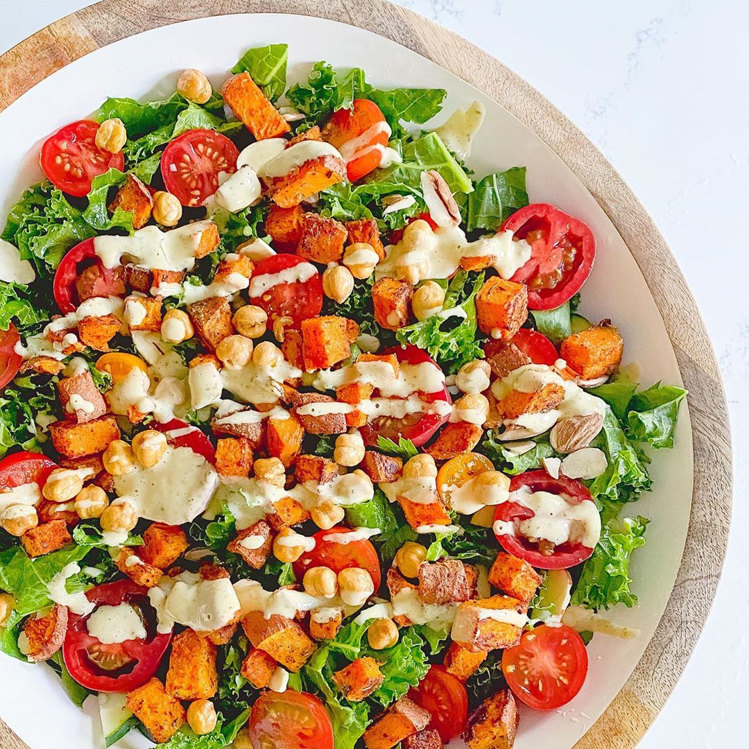 Vegan Kale Caesar Salad with Spicy Sweet Potatoes