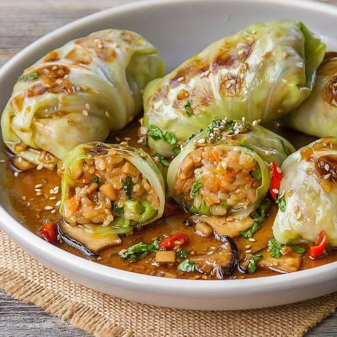 Vegan Smoky Grilled Cabbage Wraps with Rice Filling