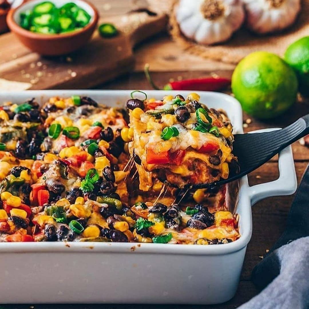 Vegan Mexican Tortilla Enchilada Lasagna Casserole