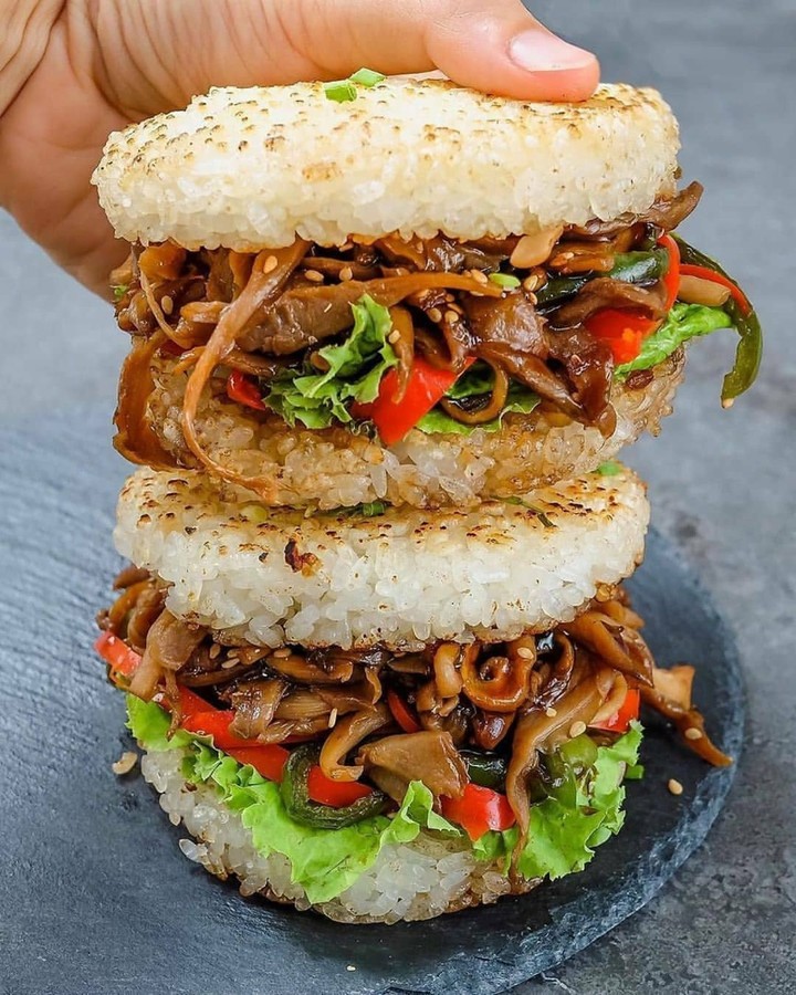 Toasted Rice Burgers with Teriyaki Mushrooms