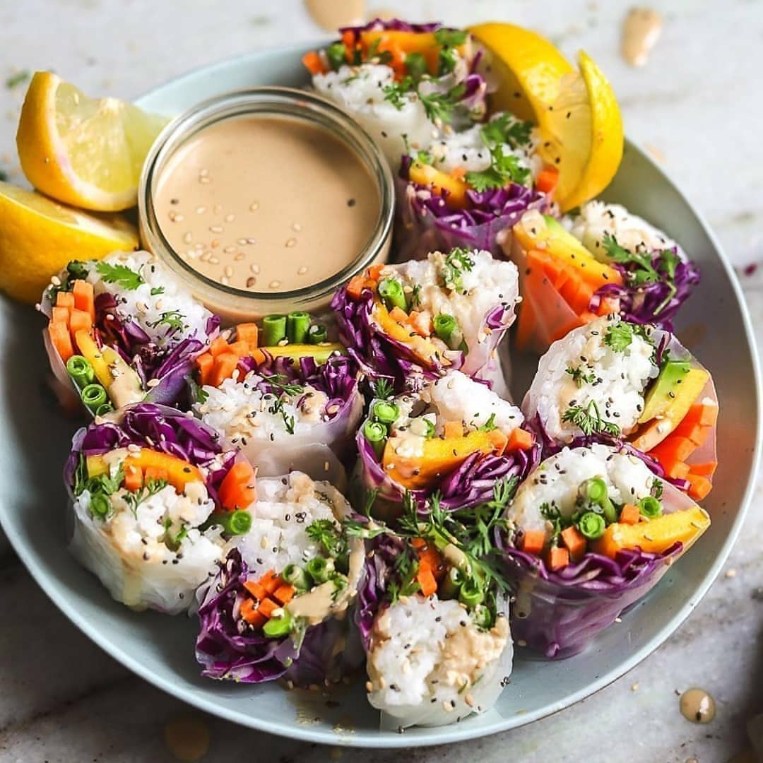 Rainbow Vegetable Spring Rolls with Citrus Tahini Dip