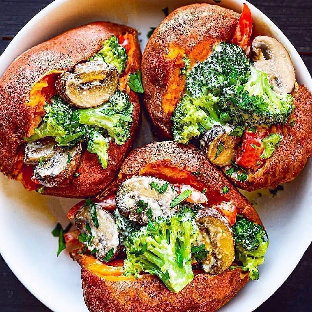 Vegan Cheesy Veggie Loaded Sweet Potatoes