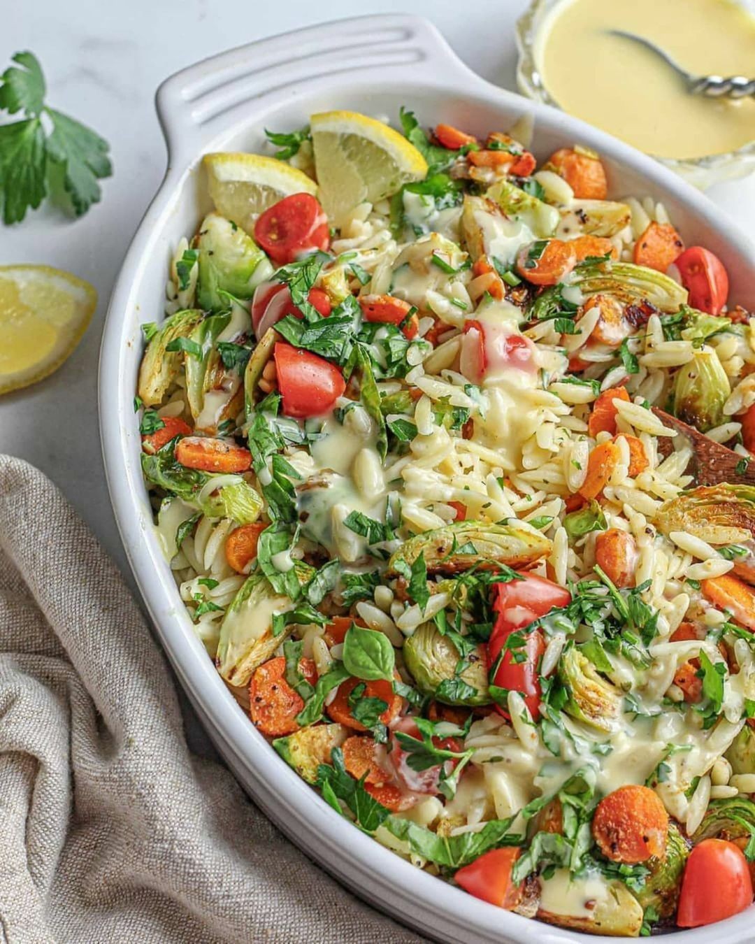 Orzo and Vegetable Salad with Vegan Honey Mustard Dressing