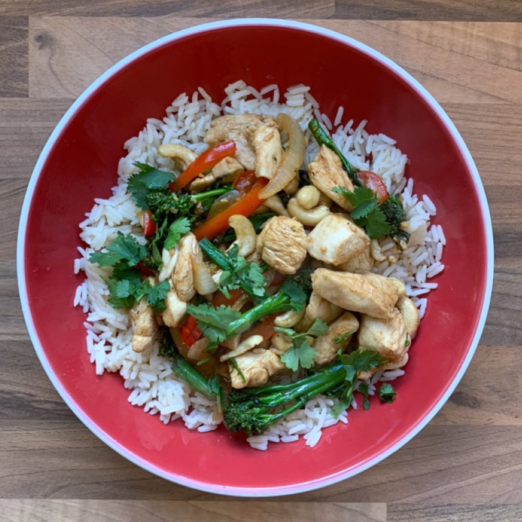 Cashew Chicken Stir-Fry with Vegetables and Rice