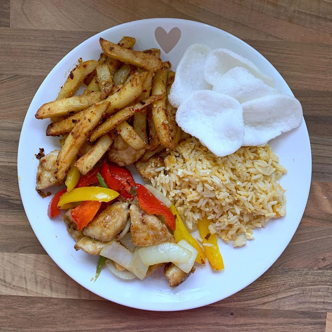 Salt and Chilli Chicken with Chips and Fried Rice
