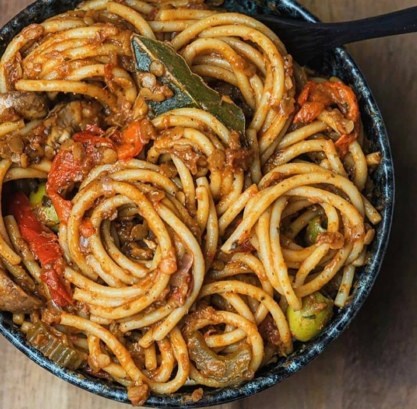 Vegan Lentil Bolognese with Roasted Tomatoes and Peppers