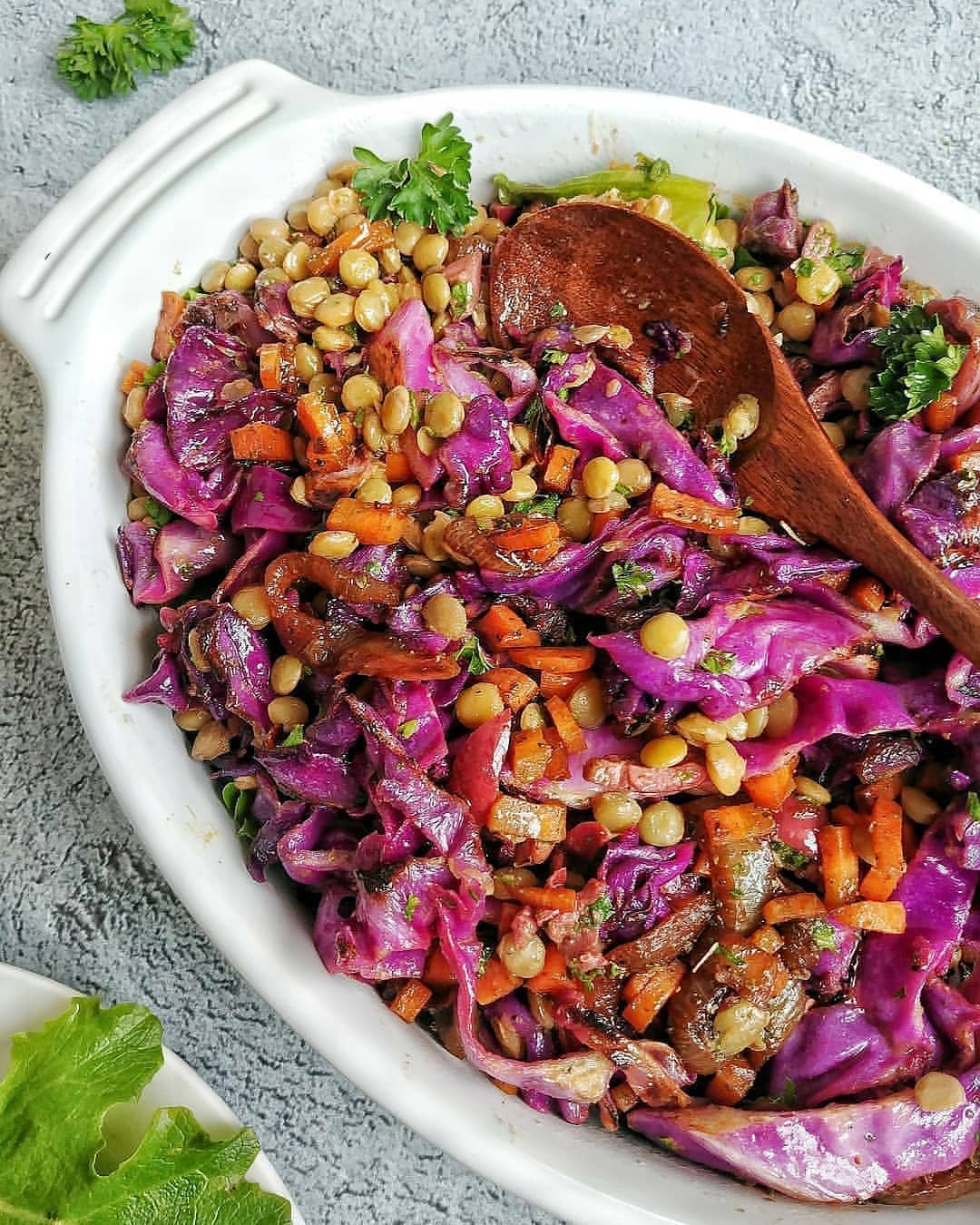 Charred Cabbage Lentil Salad with Balsamic Onions and Olives