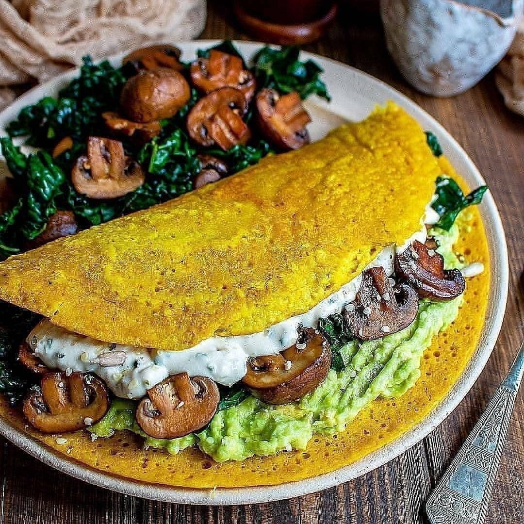 Vegan Tamari Mushroom Omelette with Avocado Cashew Cream