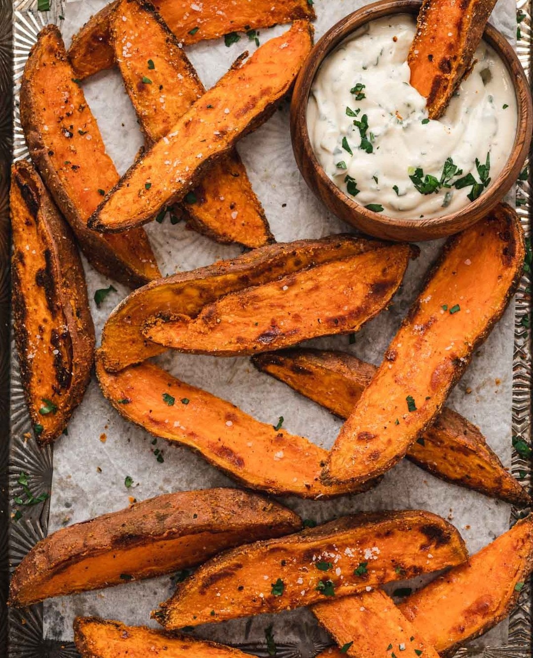Crispy Baked Sweet Potato Wedges with Garlic Aioli