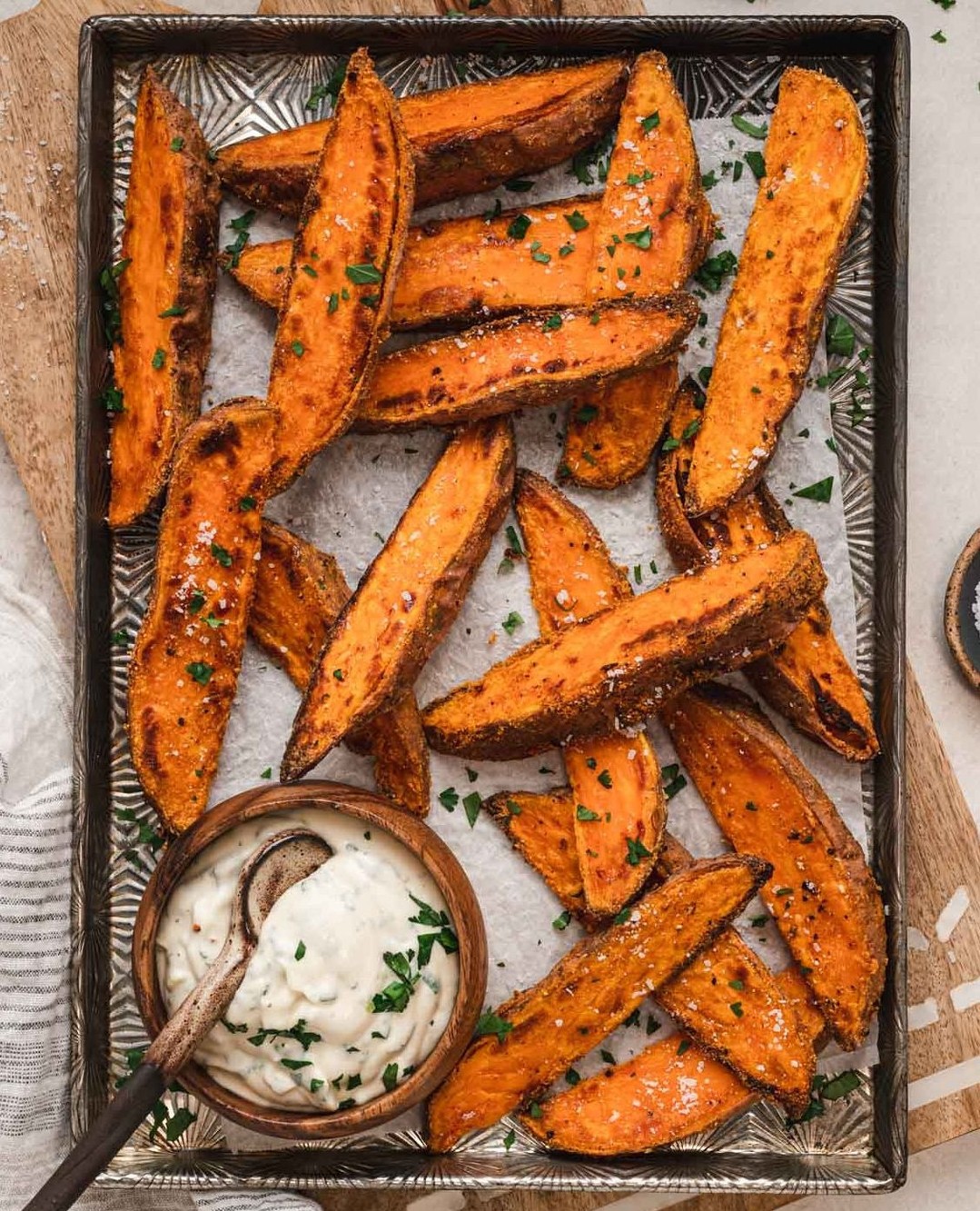 Crispy Baked Sweet Potato Wedges with Garlic Aioli