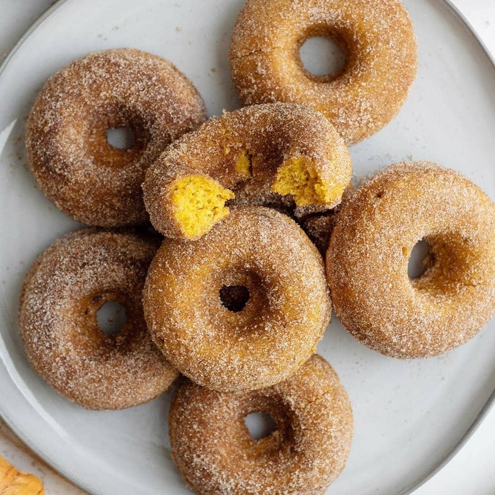 Fluffy Baked Pumpkin Donuts with Cinnamon Sugar