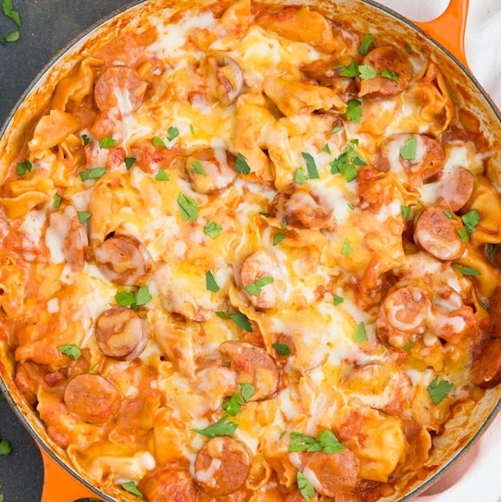 One Pan Creamy Tortellini and Smoked Sausage