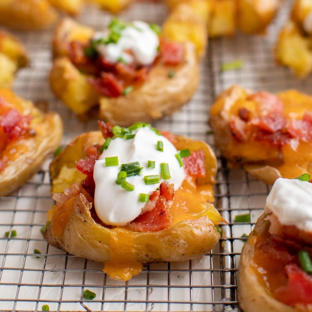 Crispy Smashed Potatoes with Melted Cheese and Bacon