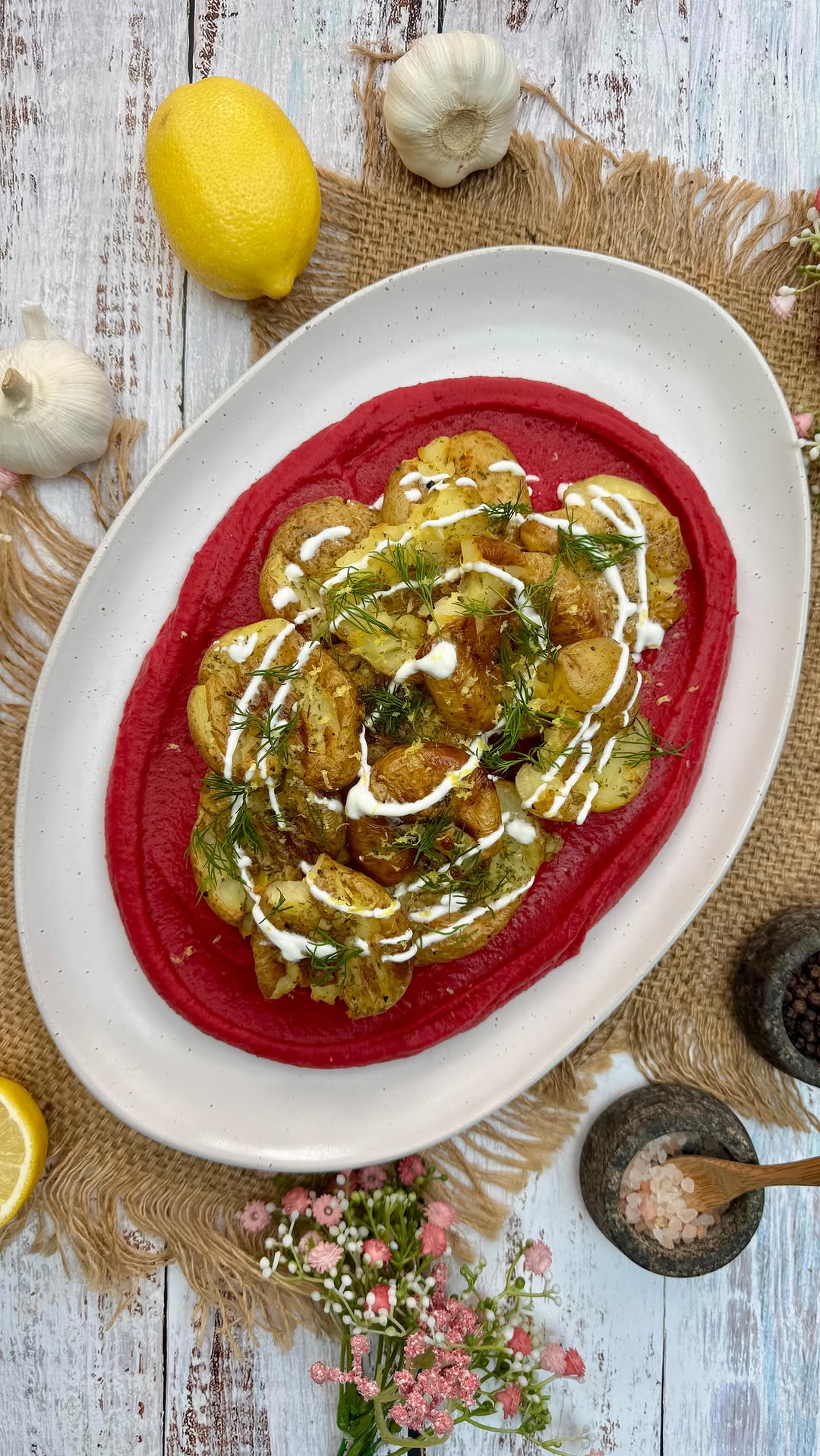 Crispy Smashed Potatoes with Bean Beetroot Purée