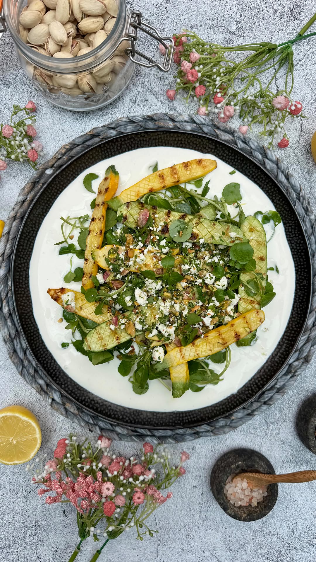 Grilled Courgettes with Whipped Feta and Pistachio Crumble