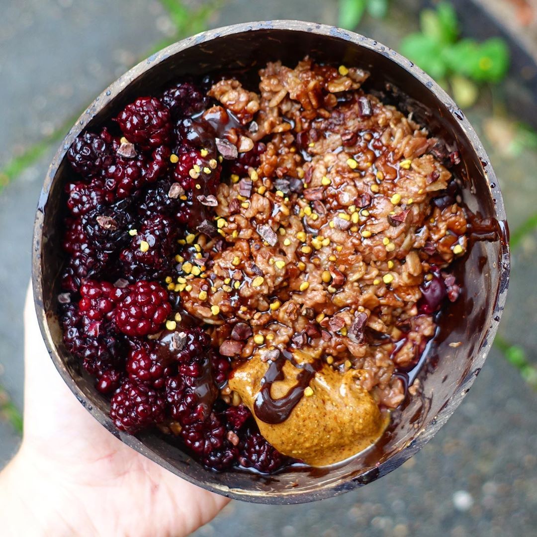 Chocolate Protein Oats with Berries and Almond Butter