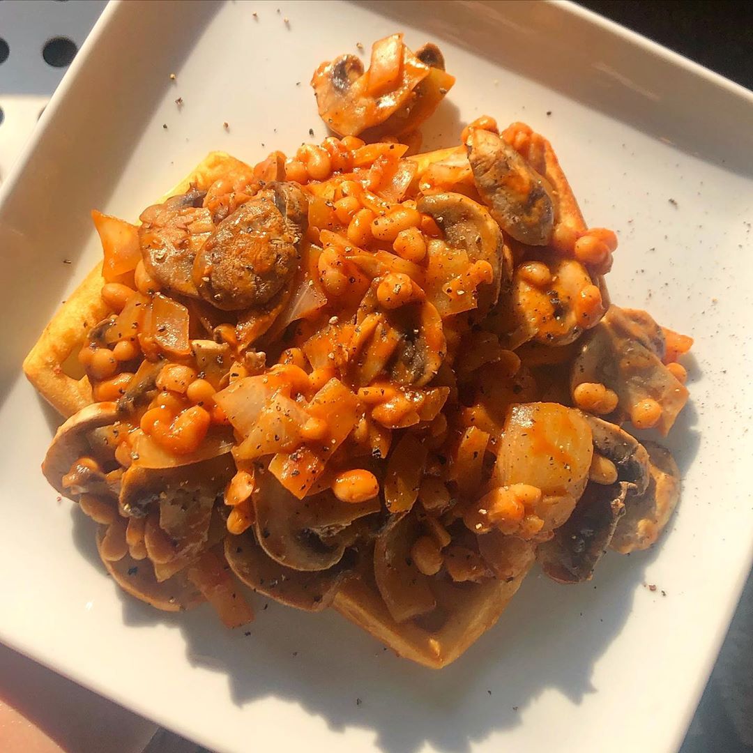Garlic Fried Vegetables and Beans on Potato Waffles