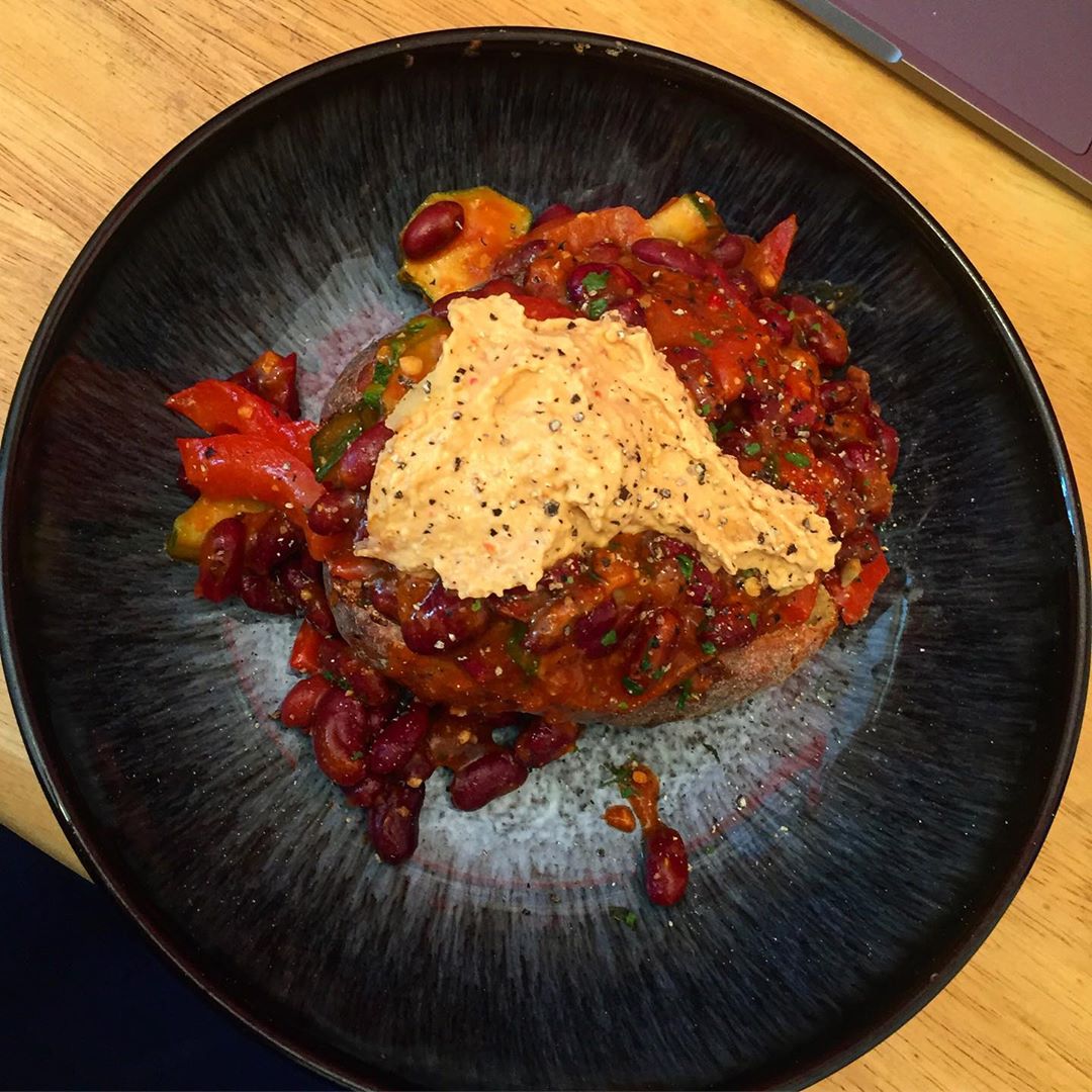 Chilli No Carne and Hummus Baked Potato