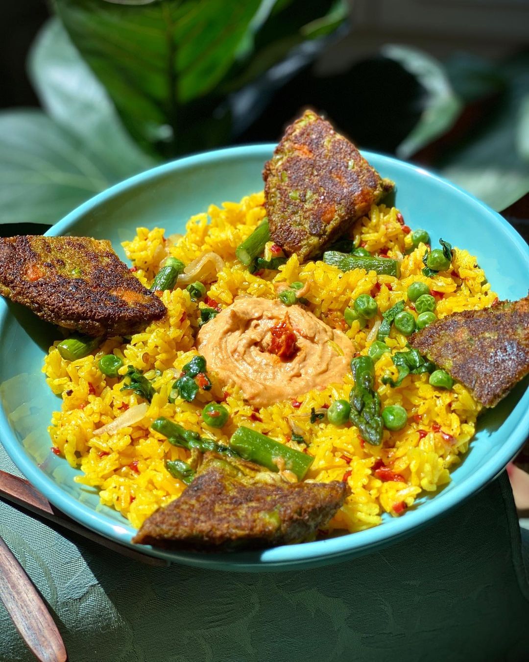 Turmeric Rice and Veggie Burger Bowl