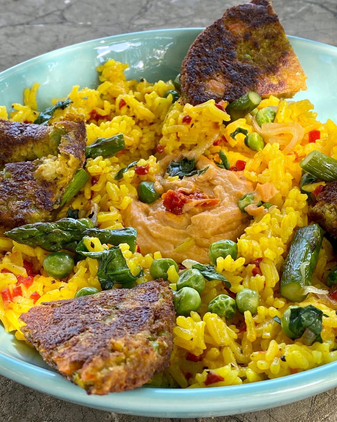 Turmeric Rice and Veggie Burger Bowl