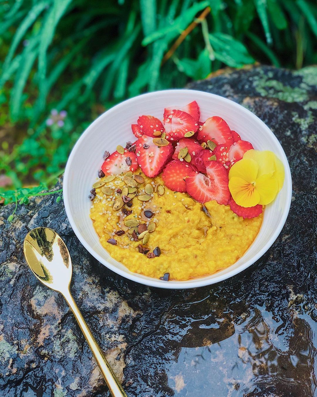Turmeric Spiced Oatmeal with Fruit and Seed Toppings