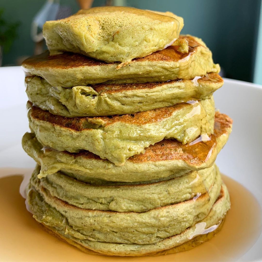 Vegan Matcha Pancakes Topped with Syrup