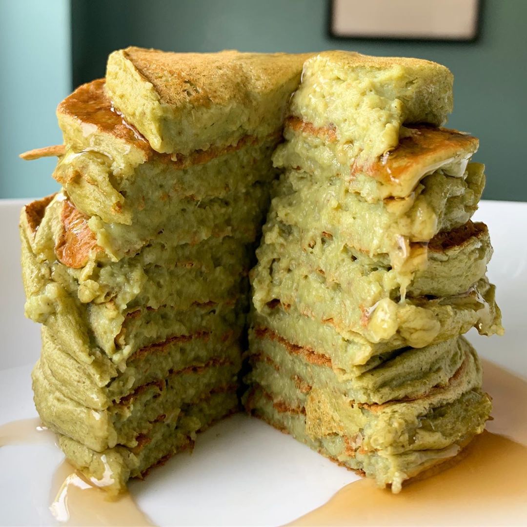 Vegan Matcha Pancakes Topped with Syrup