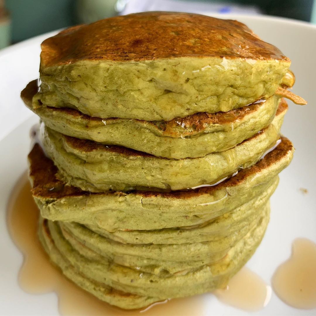 Vegan Matcha Pancakes Topped with Syrup