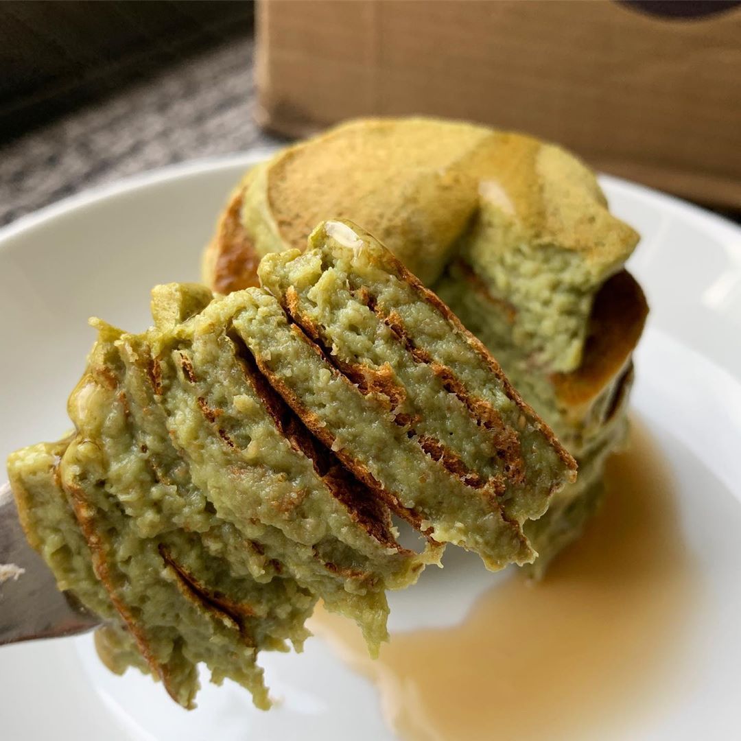 Vegan Matcha Pancakes Topped with Syrup