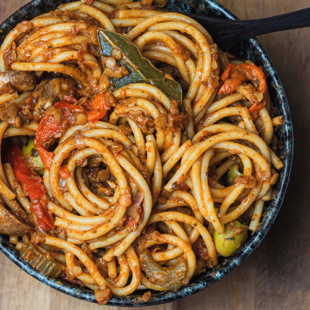 Vegan Lentil Bolognese with Roasted Tomatoes and Herbs