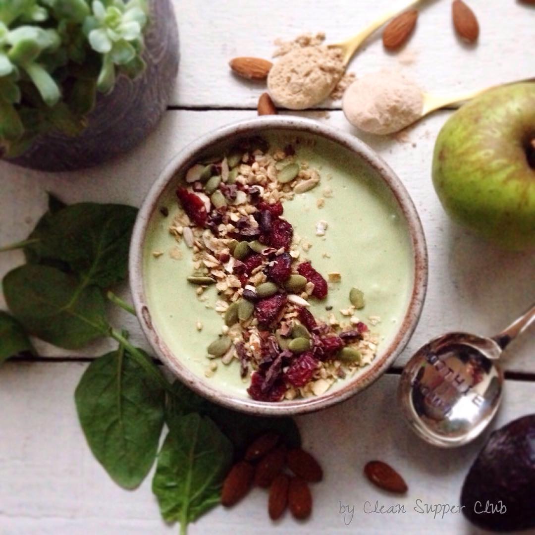 Healthy Green Smoothie Bowl with Fruits and Seeds