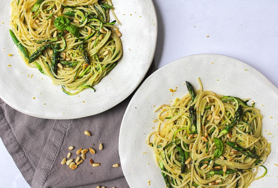 Spaghetti and Courgetti with Asparagus Garlic Basil Pine Nuts