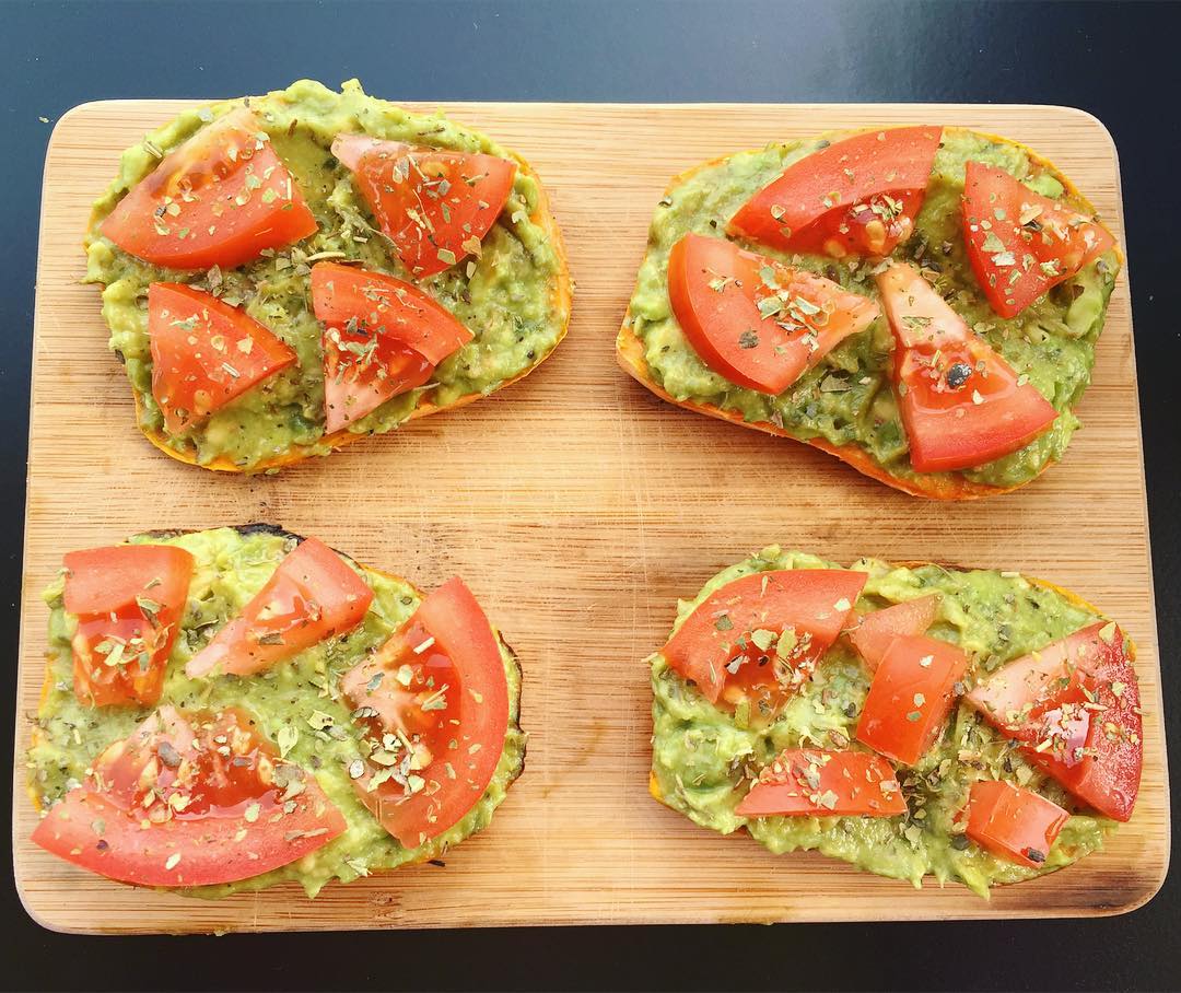 Sweet Potato Toast with Guacamole and Tomato