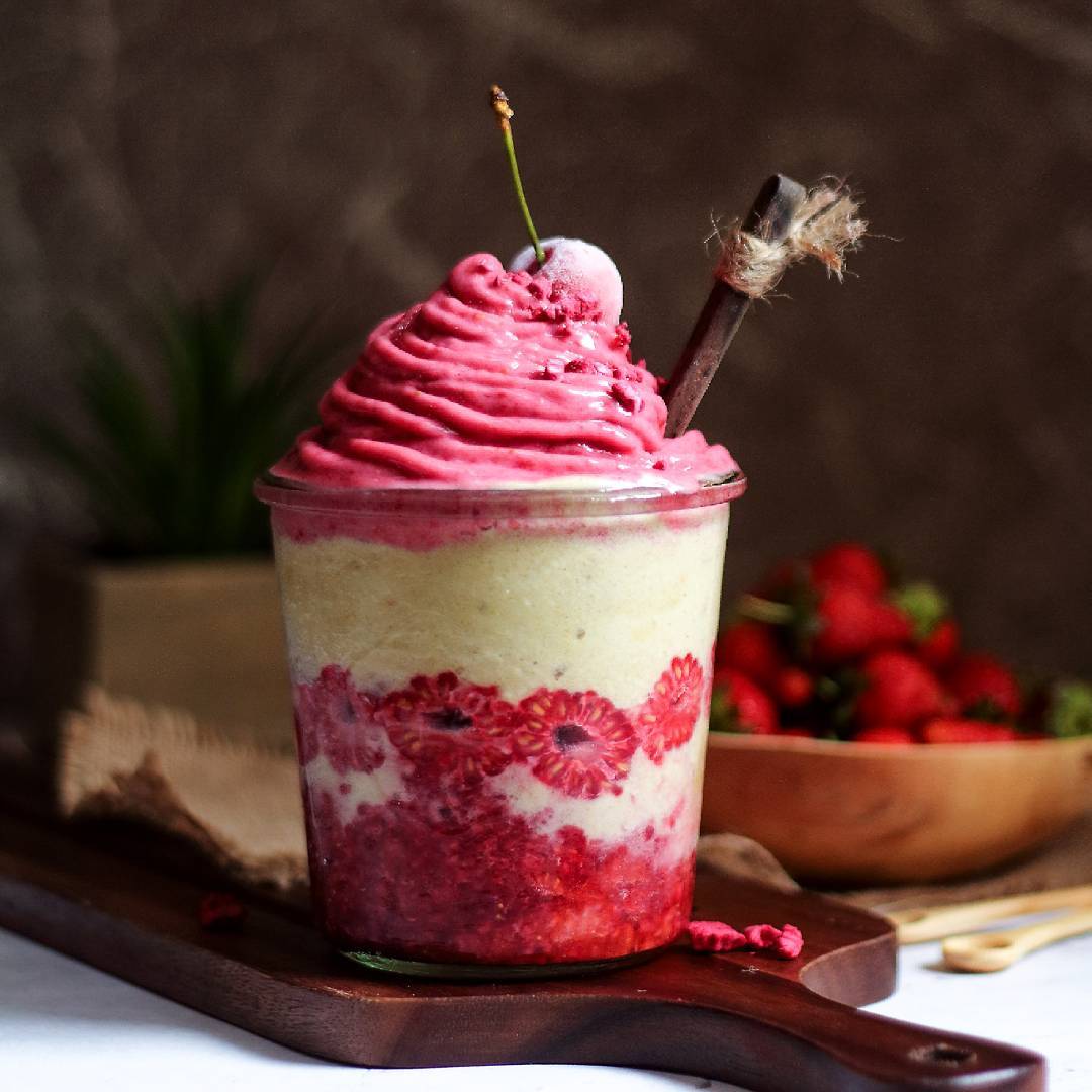 Raspberry, Strawberry, and Vanilla Protein Nicecream